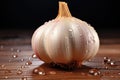 Half cut ripe garlic bulb on the wooden