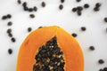 Half cut ripe papaya with seed on a white plate. Slices of sweet papaya with a white background. Halved papayas. Healthy Royalty Free Stock Photo