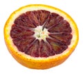 Half cutted sicilian bloody orange fruit isolated on white background. A piece of red orange
