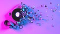 Half destroyed turntable with fragments flying off in neon lighting