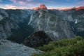 Half Dome and Yosemite Valley in Yosemite National Park during colorful sunset with trees and rocks. California, USA Royalty Free Stock Photo