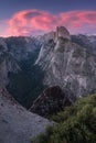 Half Dome and Yosemite Valley in Yosemite National Park during colorful sunrise with trees and rocks. California, USA Sunny day Royalty Free Stock Photo