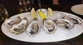 Half Dozen fresh oysters on ice with lemon and sauce