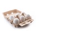 Half dozen, six, white eggs in brown carton container with lid o Royalty Free Stock Photo