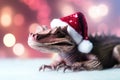 Half-dragon crocodile in Santa Claus hat. The concept of the New Year. Generative AI