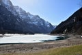 Half dried KlÃÂ¶ntalersee lake with layer of ice and panorama of Alps in background