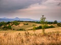 Half-dried meadows with Erbenova vyhlidka - The Erben`s lookout tower in the distance and dark heavy rain clouds in the sky Royalty Free Stock Photo