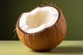 A half eaten coconut sitting on a table. Generative AI image.