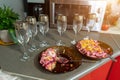 Half-eaten food in plates on the table Royalty Free Stock Photo