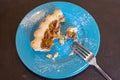 Half eaten slices of cake on a plate with crumbs and a fork