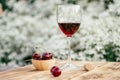 Glass of red wine, wine stopper and sweet cherries in wooden cup against white flower background. selective focus Royalty Free Stock Photo