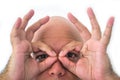 Half face of bald man in white background. Royalty Free Stock Photo