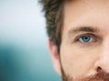 Half face, eye and man with free space for advertising and marketing eye care, contact lenses and vision for bright Royalty Free Stock Photo