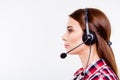 Half face side profile portrait of a cute brunette call centre o Royalty Free Stock Photo