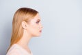 Half-faced profile side view close up portrait of serious confident focused concentrated thinking pondering pretty cute lovely ma Royalty Free Stock Photo