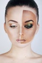 Half faced woman before tanning and after,