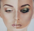 Half faced woman before tanning and after