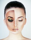 Half faced woman before tanning and after, creative make up