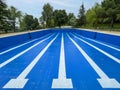 A half filled olympic swimming pool with the bottom painted blue and the lines of the alleys in white, trees and grass surrounding Royalty Free Stock Photo