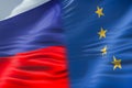 half flags of Russia and half European Union flag, crisis between russia and europe international meeting or negotiations concept Royalty Free Stock Photo