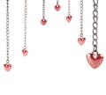 Half frame from small red hearts and long chains on white