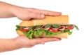 Half of french baguette sandwich in hand. Royalty Free Stock Photo