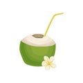 Half of fresh green coconut with drinking straw and small flower. Exotic cocktail. Flatvector element for party poster