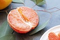 Half of grapefruit, sliced grapefruit on plate on marble background