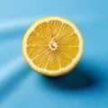 Half of a fresh lemon Citrus limon sits on a smooth blue surface Royalty Free Stock Photo