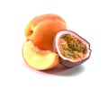 Half fresh passion fruit, whole and a slice of peach close-up isolated on  white background Royalty Free Stock Photo