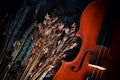 Half front side of violin put at the right side of dried flowergroup.on grunge surface background,vintage and art tone