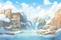 half-frozen waterfall with steamy hot spring beside it Royalty Free Stock Photo