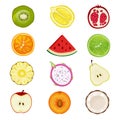 Half fruits. Apricot cherry strawberries peach healthy sliced natural food icon in circle shapes vector set