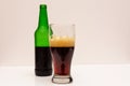 Half full transparent glass with dark beer and half empty green beer bottle on a light background Royalty Free Stock Photo