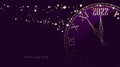 Half hidden golden clock showing 2022. Stars confetti. Purple background. Royalty Free Stock Photo