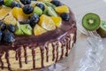 Half honey cake with chocolate and fruit grapes, kiwi, orange Royalty Free Stock Photo