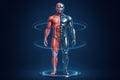 A half-human, half-cyborg figure with exposed organs and futuristic robotic components stands in a high-tech digital environment Royalty Free Stock Photo