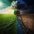 Half of illustration is green landscape, grass, green tree, other half is drought, bare cracked earth, bare dry tree. Royalty Free Stock Photo