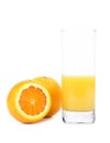 Half of juice glass and orange fruit isolated Royalty Free Stock Photo