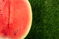 Half of a juicy red ripe watermelon on green grass close-up, berry, pulp, picnic Royalty Free Stock Photo