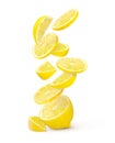 Half lemon with a slice and falling flying slices