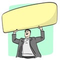 half length businessman holding big blank yellow sign over his head illustration vector hand drawn isolated on white background Royalty Free Stock Photo