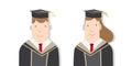 Half-length cartoon character, male and female students in academic gown vector. Education Graduation Character Concept. Royalty Free Stock Photo