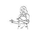 Half length of female barista with apron pointing on blank space illustration vector hand drawn isolated on white background line Royalty Free Stock Photo