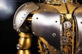 Half length portrait of an android robot wearing biomechanical armor with copper plates and silver plates showing gears, screws