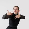 Half-length portrait of beautiful young woman dancing flamenco in black dress Royalty Free Stock Photo