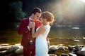 Half Length Portrait Charming Fashionable Newlywed Couple Hugging Countryside Landscape River Sunset Holding Hands Royalty Free Stock Photo