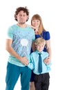 Half-length, three people family with father, mother and son, isolated white background Royalty Free Stock Photo