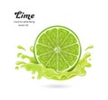 half Lime front view fall into impact with Lime juice causing a wide splash of lemonade