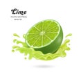 half Lime front view fall into impact with Lime juice causing a wide splash of water for food and drink concept